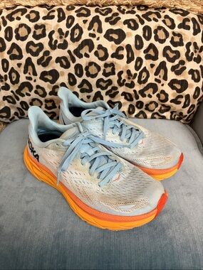 Hoka Clifton 8 Women's Light Blue Running Shoes with Orange Midsole
